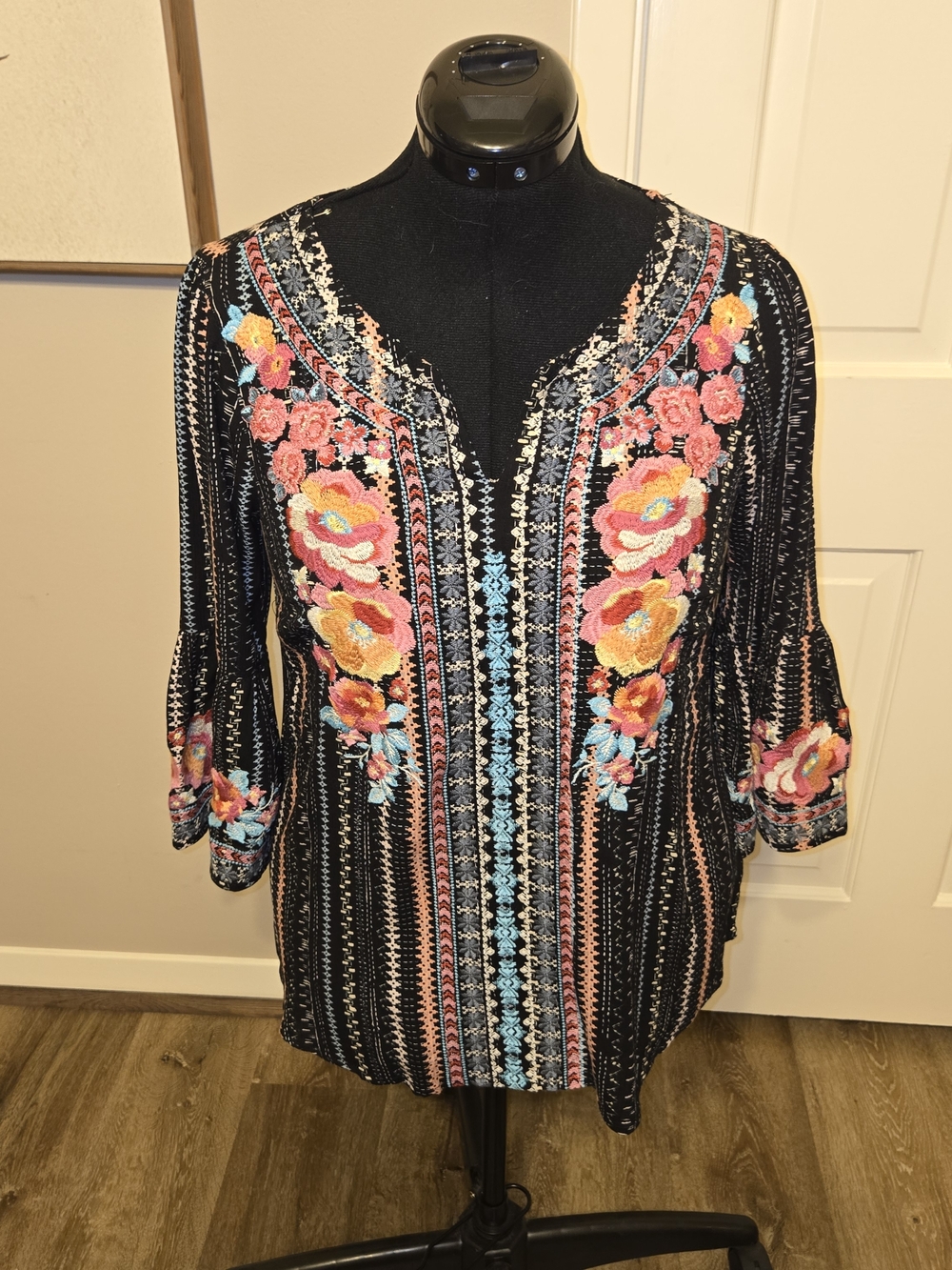 Savanna Jane Boho embroidered floral blouse black festival top peasant